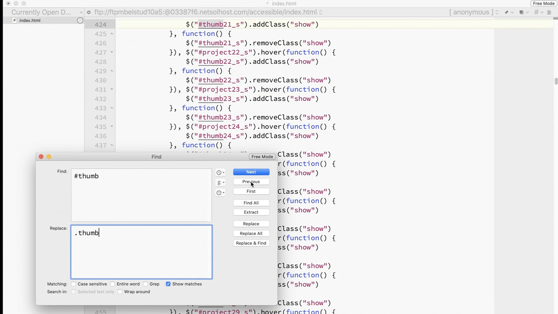 an image showing a code editor and using the find and replace function to change id attributes to class attributes